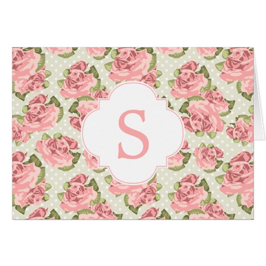 Pink Vintage Roses Monogram Card