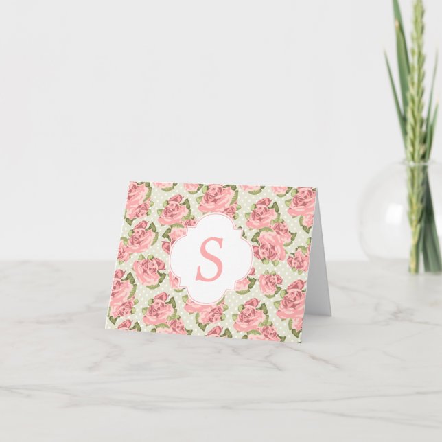 Pink Vintage Roses Monogram Note Card (Front)