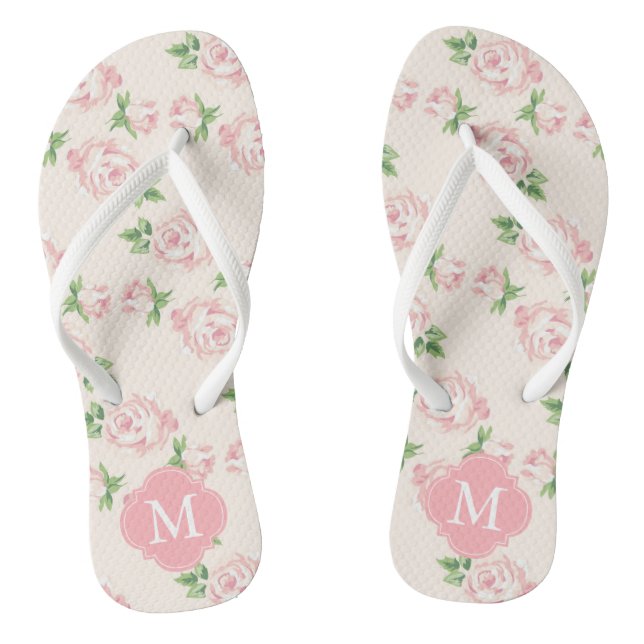 Pink Vintage Roses Monogrammed Flip Flops (Footbed)