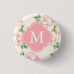 Pink Vintage Roses Pattern Monogrammed 3 Cm Round Badge