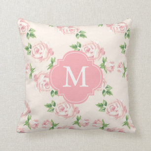 Pink Vintage Roses Pattern Monogrammed Cushion