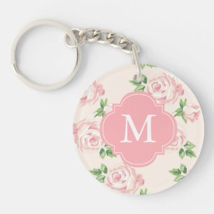 Pink Vintage Roses Pattern Monogrammed Key Ring