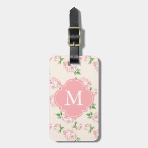 Pink Vintage Roses Pattern Monogrammed Luggage Tag