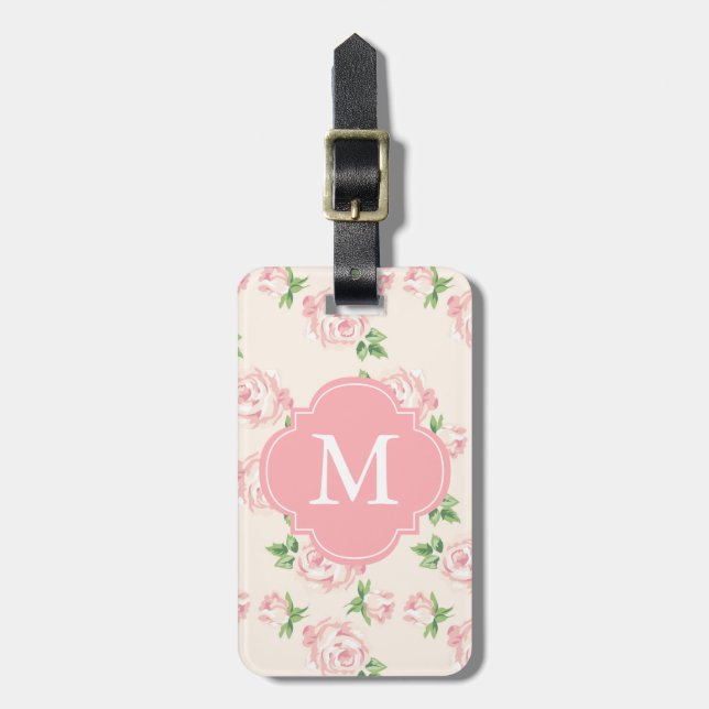 Pink Vintage Roses Pattern Monogrammed Luggage Tag (Front Vertical)