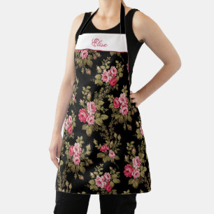 Pink Vintage Roses w/Name-Black Background Apron