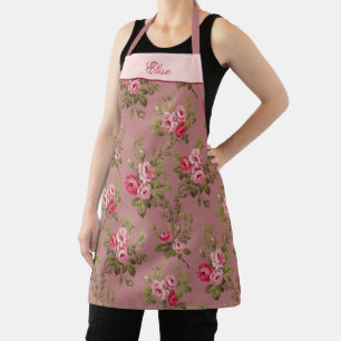 Pink Vintage Roses w/Name-Old Rose Background Apron