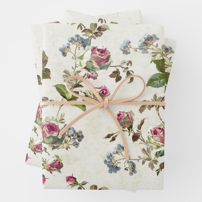 Pink Vintage Roses  Wrapping Paper Sheet (In situ)