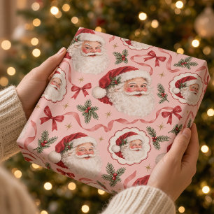 Pink Vintage Santa and Red Bow Christmas  Wrapping Paper