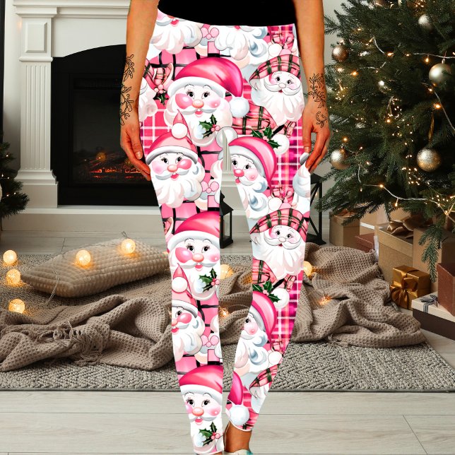 Pink Vintage Santa Claus Tartan Plaid Christmas Leggings (Creator Uploaded)