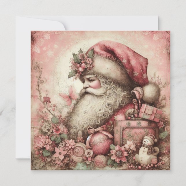 Pink Vintage Santa Greeting Card (Front)