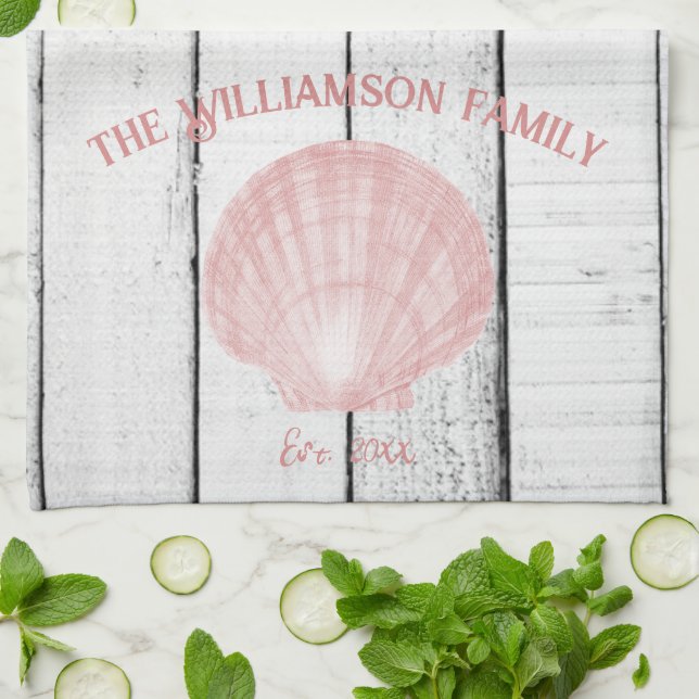Pink Vintage Scallop Shell Kitchen Towel (Folded)