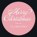 Pink Vintage Script Modern Merry Christmas Classic Round Sticker<br><div class="desc">Pink Vintage Script Modern Merry Christmas Classic Round Sticker is the perfect addition to your Christmas gifts this year,  with vintage styled script and your name.</div>