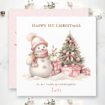 Pink Vintage Snowman Girl First Christmas Card<br><div class="desc">Christmas card with an adorable vintage snowman in pink for baby and little girls. Easily personalise this Christmas card with your own text  - Kate Eden Art.</div>