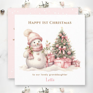 Pink Vintage Snowman Girl First Christmas Card