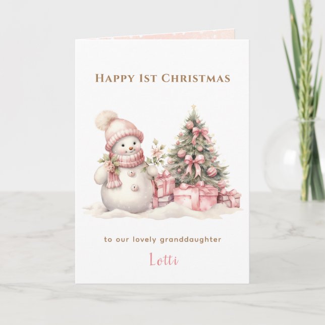 Pink Vintage Snowman Girl First Christmas Folded Card (Front)