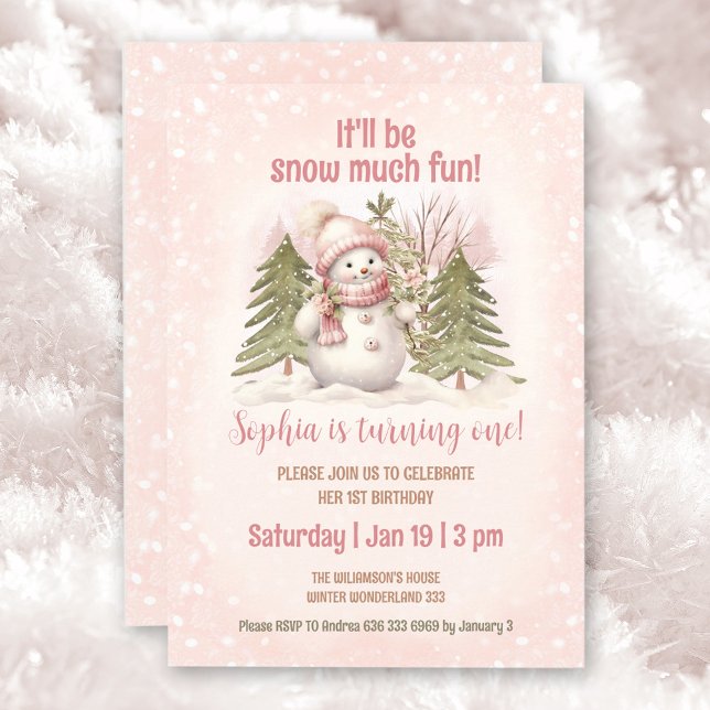 Pink Vintage Snowman Girl Winter 1st Birthday  Invitation (Winter Pink Vintage Snowman Birthday Invitation)