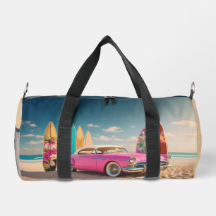 Pink vintage sports car surf board holiday duffle bag