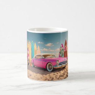 Pink vintage sports car surf boards coffee mug