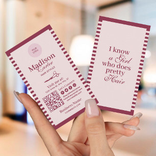 Pink Vintage Stripes Hair Stylist Custom QR Code Business Card