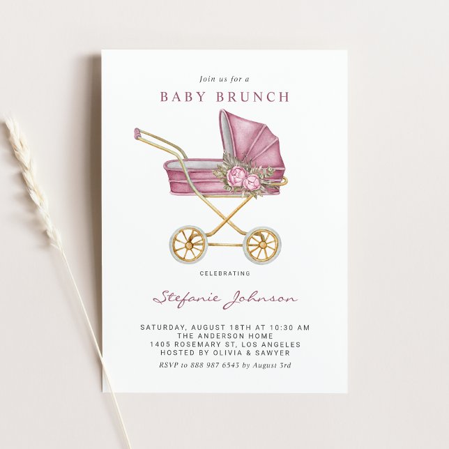 Pink Vintage Stroller It's a Girl Baby Brunch Invitation (Creator Uploaded)