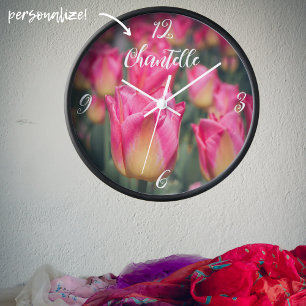 Pink vintage style spring tulips  clock