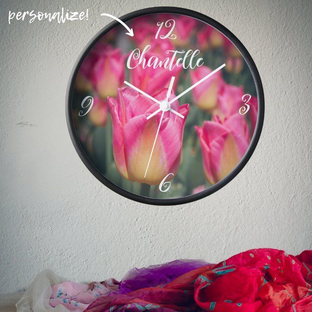 Pink vintage style spring tulips  clock (Creator Uploaded)