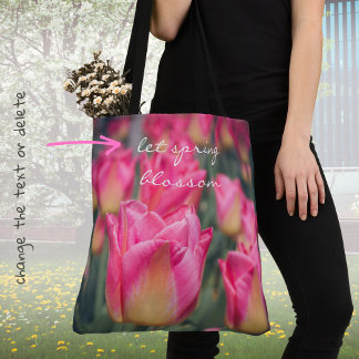 Pink vintage style spring tulips tote bag