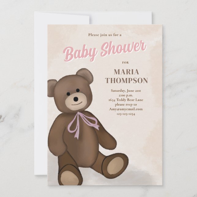 Pink Vintage Teddy Bear Custom Baby Shower Invitation (Front)