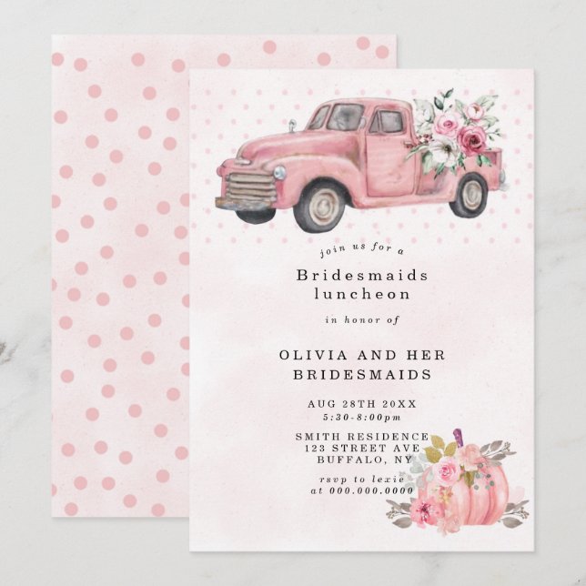 Pink Vintage Truck  Bridesmaids Luncheon Invites (Front/Back)