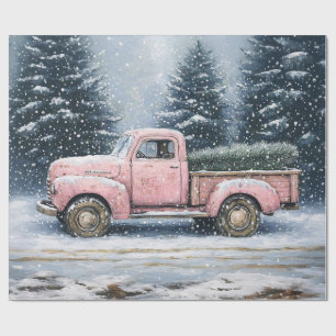 Pink Vintage Truck Christmas Tree Decoupage Wrapping Paper