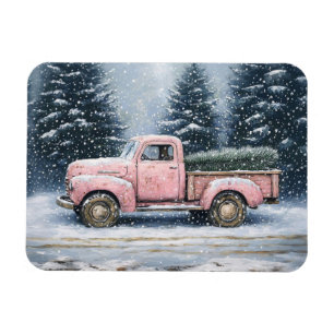 Pink Vintage Truck Hauling a Christmas Tree Magnet