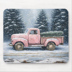 Pink Vintage Truck Hauling a Christmas Tree Mouse Mat