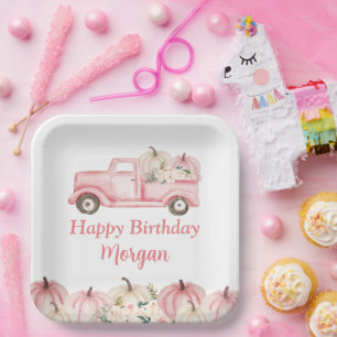 Pink Vintage Truck Pumpkin Girl Birthday Party Paper Plate