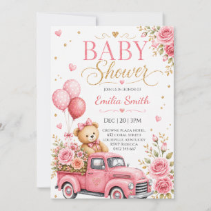 Pink Vintage Truck Teddy Bear Baby Shower Invitation