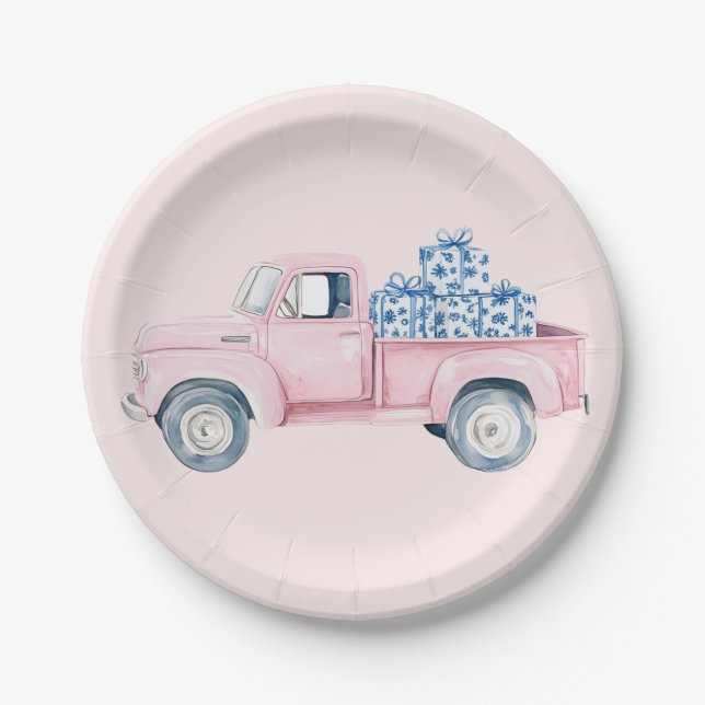 Pink Vintage Truck with Presents Paper Plate (Front)