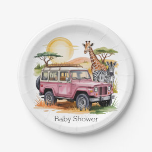 Pink Vintage Truck with Safari Animals Baby Shower Paper Plate