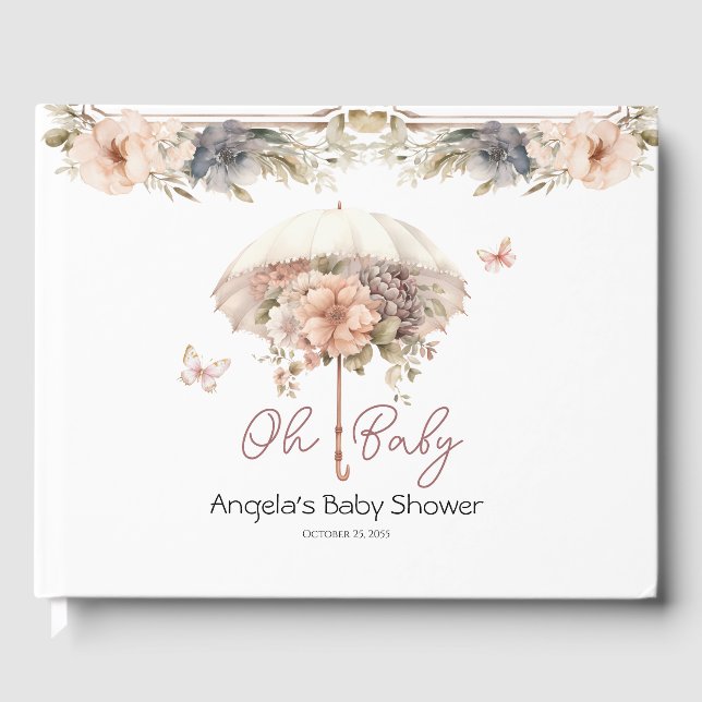 Pink Vintage Umbrella Butterfly Baby Shower Guest Book (Front)