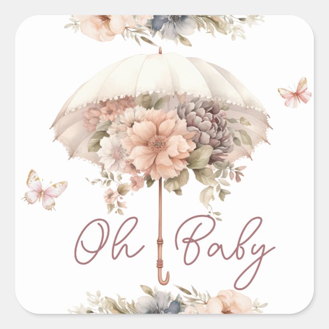 Pink Vintage Umbrella Girl Baby Shower Square Sticker (Front)