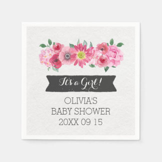 Pink Vintage Watercolor Floral Baby Shower Napkin