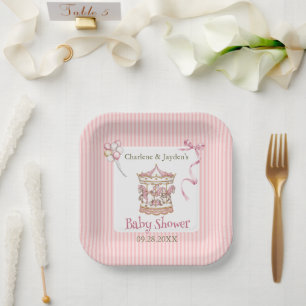 Pink Vintage Watercolor Horse Carousel Baby Shower Paper Plate