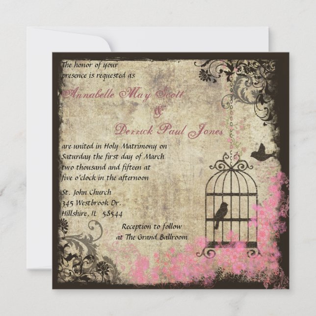 Pink Vintage Wedding Birdcage Invitation (Front)