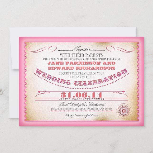 Pink vintage wedding invitations - tickets (Front)