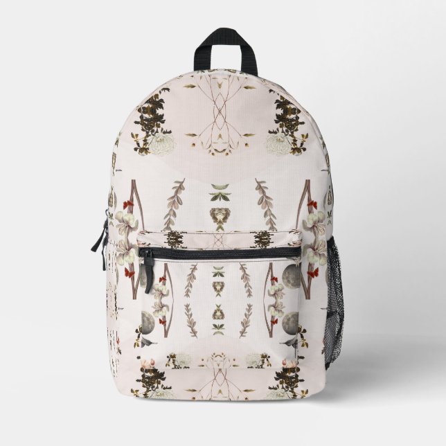 Pink Vintage Whimsical Botanical  Printed Backpack (Front)