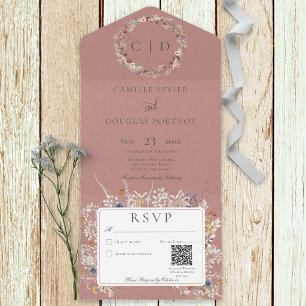 Pink Vintage Wildflower QR Code All in One Invite