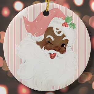 Pink Vintage Winking Black Santa Christmas Tree Ceramic Tree Decoration