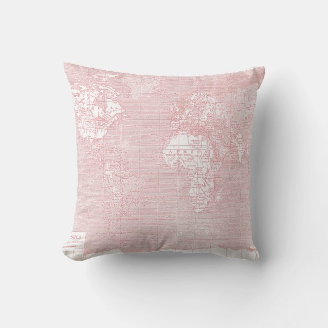 Pink Vintage World Map Pillow (Front)