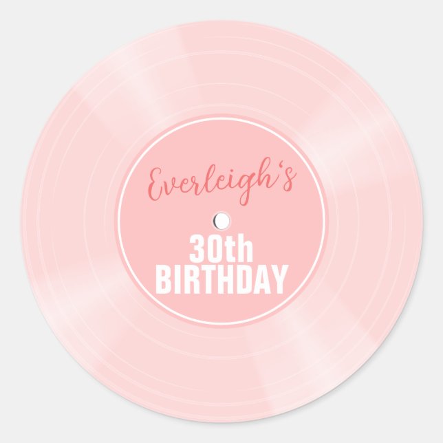 Pink Vinyl Record Music Personalised Birthday Classic Round Sticker (Front)