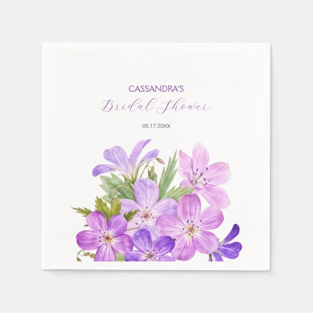Pink Violet Geranium Floral Bridal Shower  Napkin (Front)