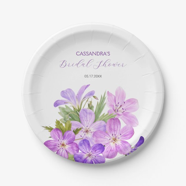 Pink Violet Geranium Floral Bridal Shower  Paper Plate (Front)