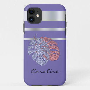 Pink violet glitter shine monstera tropical leaves iPhone 11 case